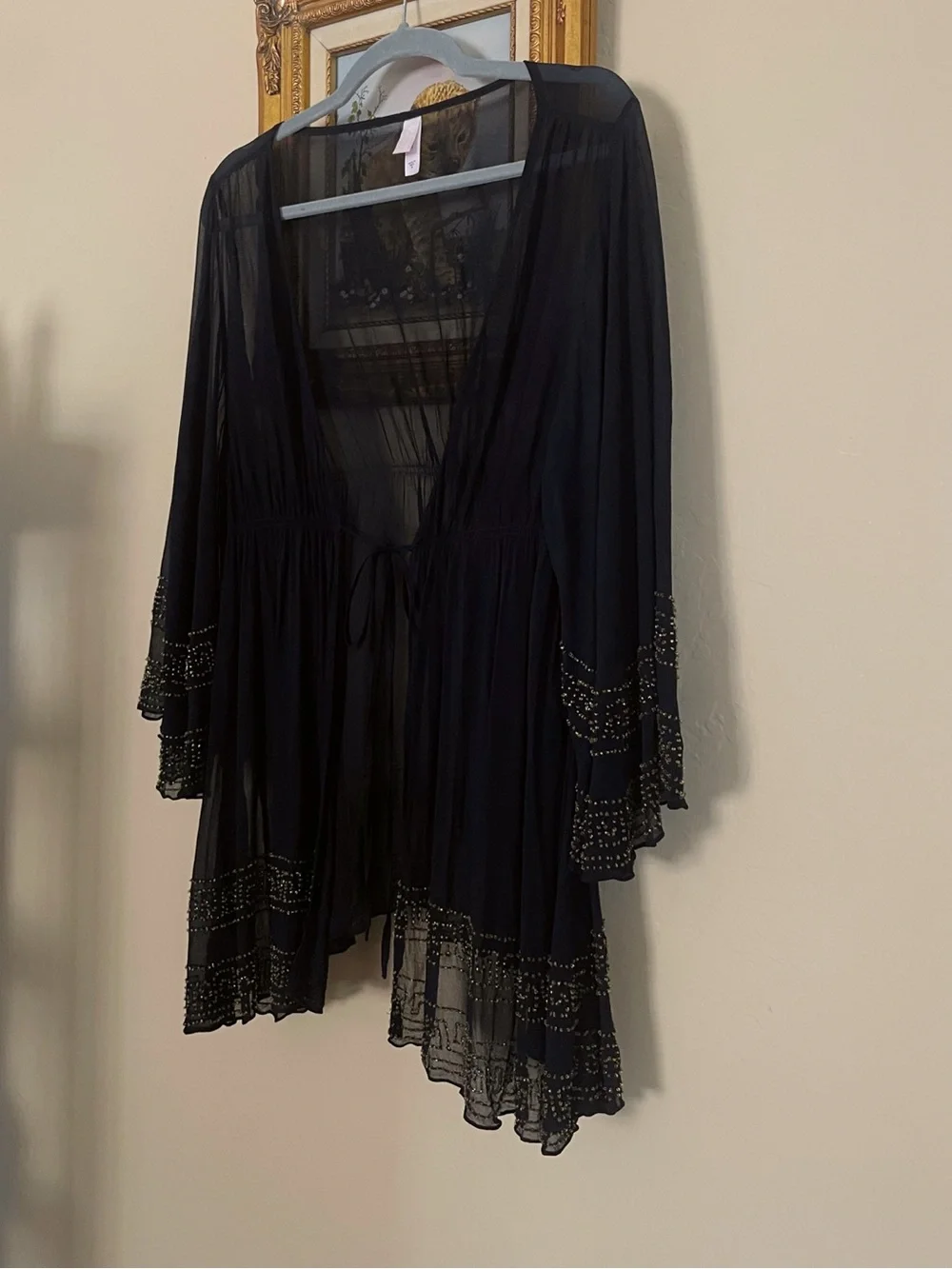 VICTORIA’S SECRET Sheer Black & Gold Beaded Flowy Kimono Cover Up Robe